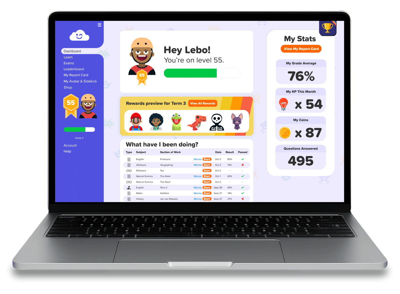Laptop screen shows a colorful student dashboard: left purple navigation, center welcome panel with level 55, a progress bar and rewards strip, a 'What have I been doing?' table, and a right 'My Stats' panel with numbers like 76%, x54, x87 and 495 questions answered.